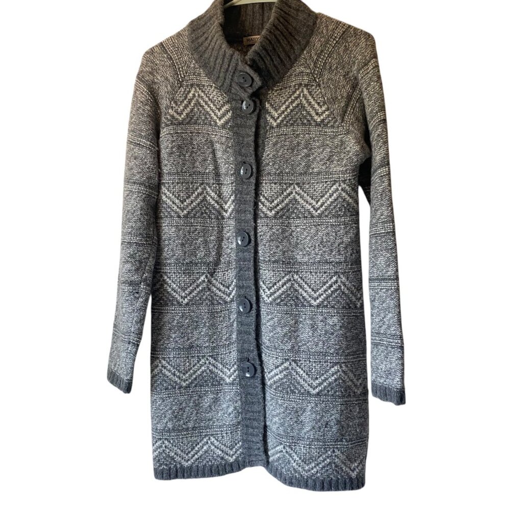 Maryline Women M Gray Knit Button-Front Long Cardigan Sweater‎ Chevron Italy
